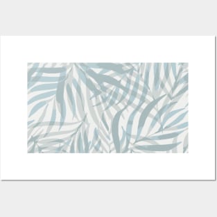 Digital palm leaves in pastel blue and grey Posters and Art